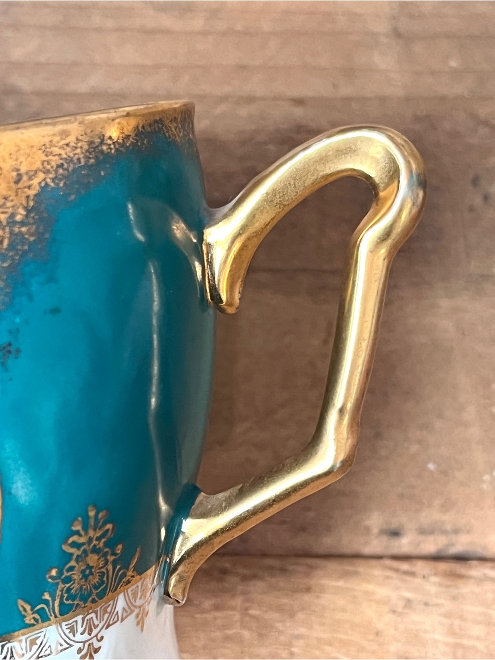 Antique 1909 Three Crown China Germany Porcelain Mustache Cup Teal Gold Nautical - Picture 3 of 8